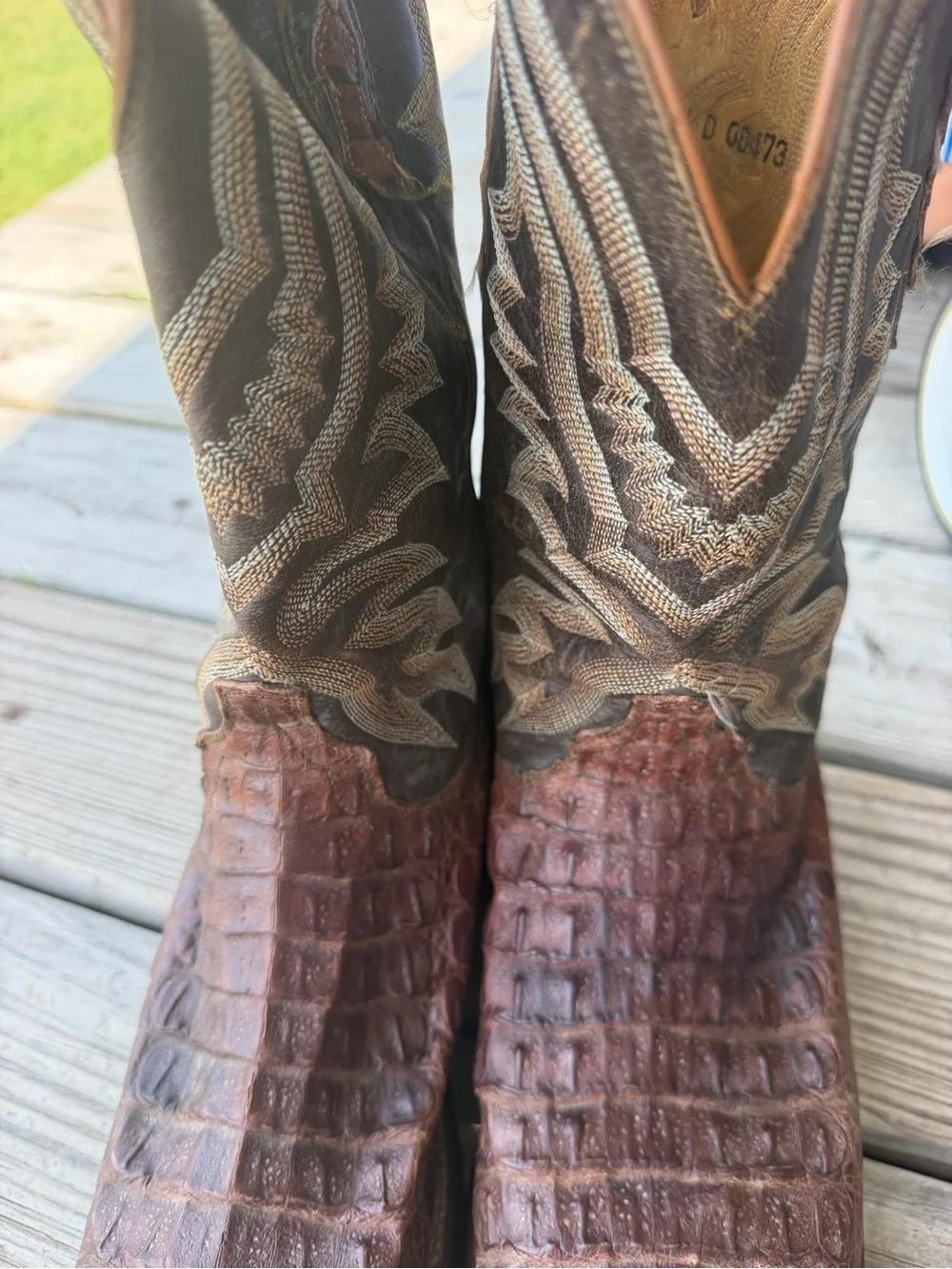 LUCCHESE MEN'S BARREL BROWN AND CHOCOLATE CAIMAN TAIL WIDE SQUARE TOE EXOTIC